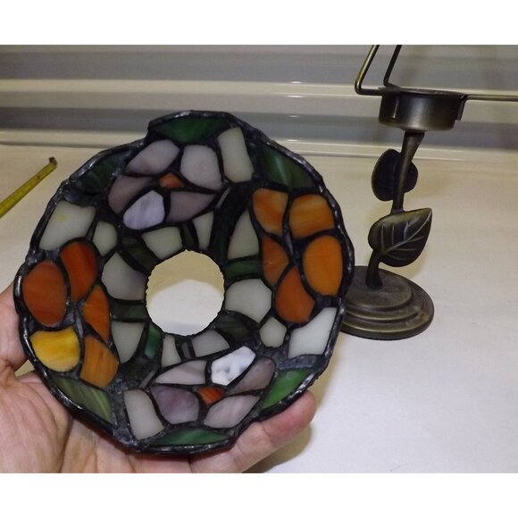 Stained Glass Tiffany Style Flower Lamp Metal Leaf Base Votive Tealight Holder - Picture 7 of 14